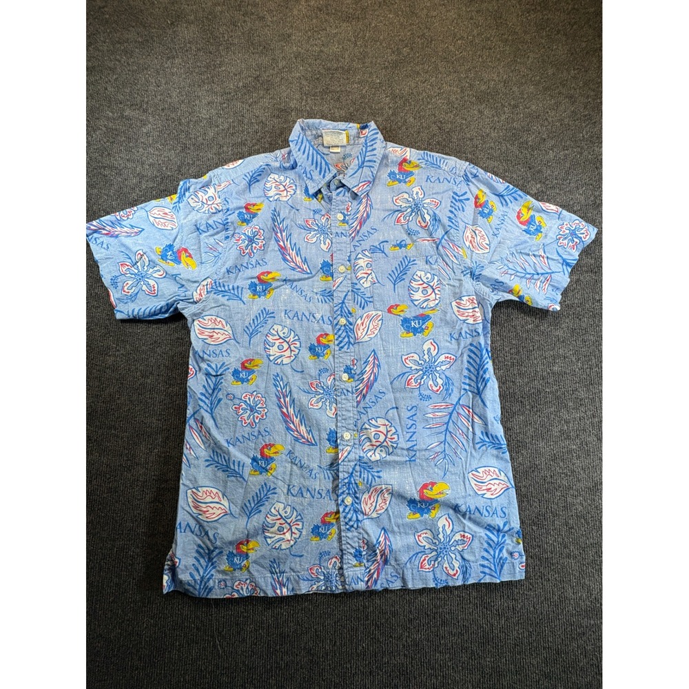 Wes and Willy Kansas Jayhawks Blue Tropical Floral Button Down Shirt Mens L